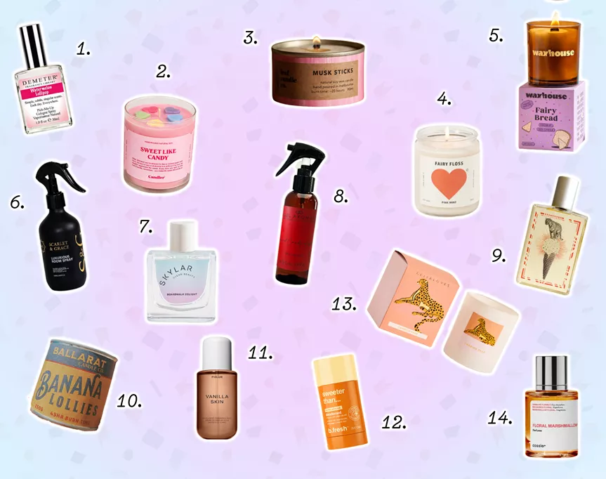 14 sweet and candy-scented candles, perfume and sprays