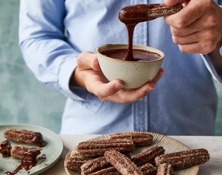 full recipe – hot chocolate churros with choc-marshmallow dipping sauce