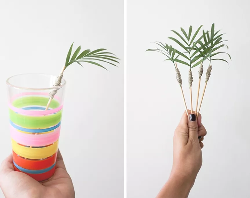 diy palm frond cocktail stirrers