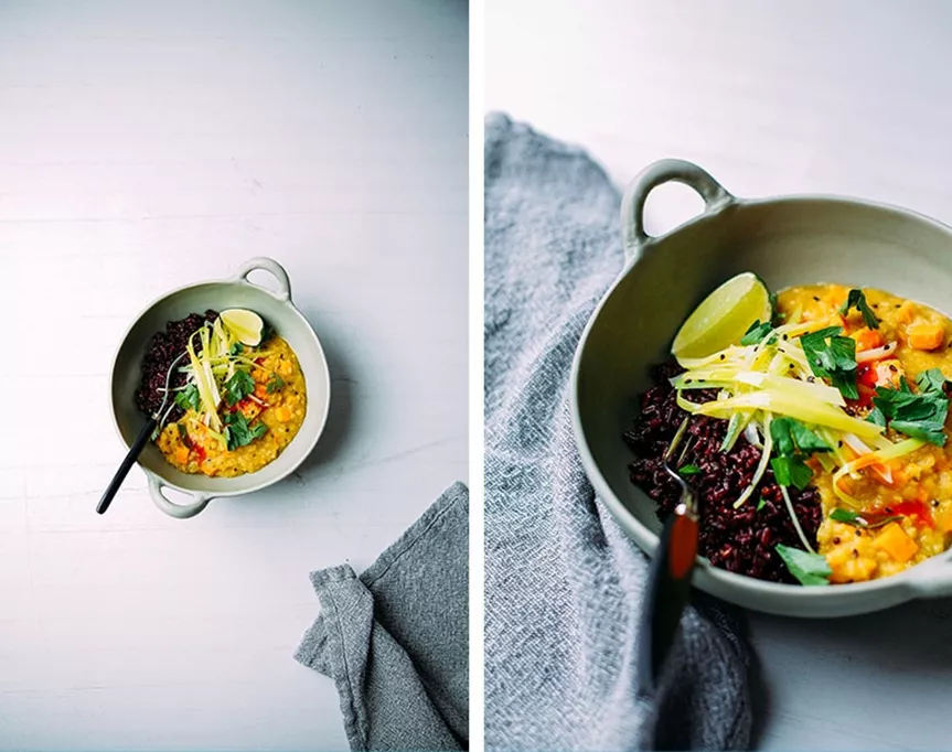 sweet potato dal with coconut leeks